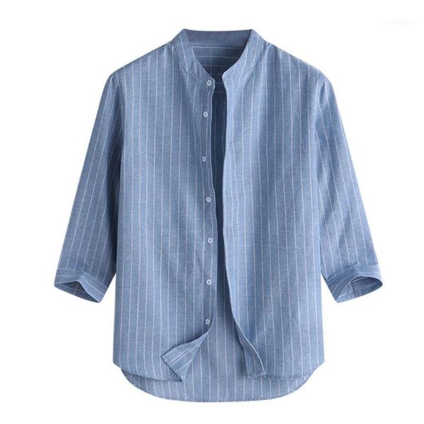 

men's casual shirts summer striped stand collar three quarter sleeve button cotton linen shirt male loose for 2021 fashion1, White;black