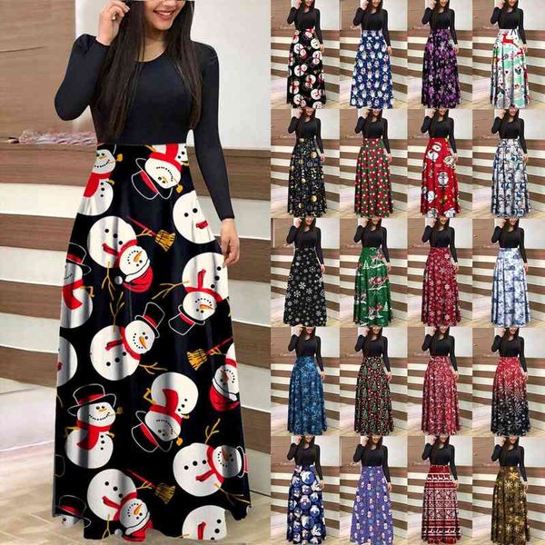 

christmas plus size vogue santa women dresses reindeer snowman print long sleeve o neck black party prom elegant, Black;gray