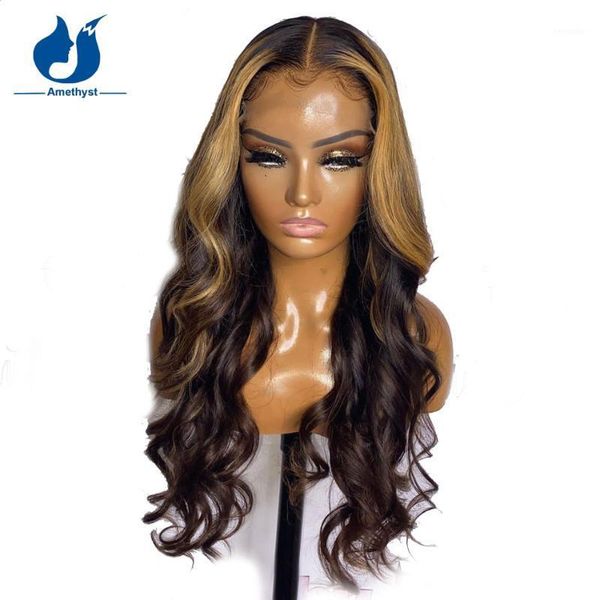 

amethyst 16-24inch ombre with blonde highlight wig soft wave lace front pre plucked 13x4 human hair wigs remy1, Black;brown