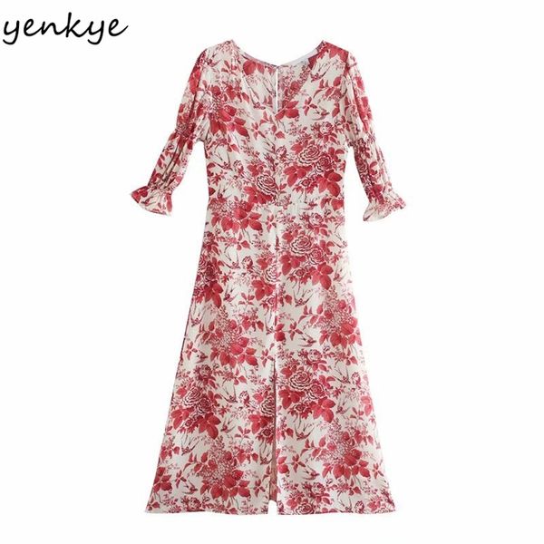 

elegant women v neck vintage floral print dress female slits a-line midi summer chiffon vestidos mujer 210514, Black;gray