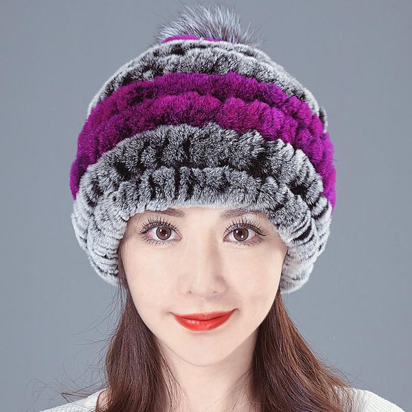 

hats, scarves & gloves sets luxury women winter striped natural real rex fur hats lady warm knit genuine caps russian outdoor, Blue;gray