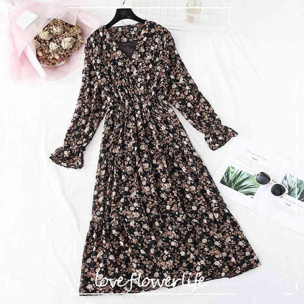 

women print chiffon dress spring summer vintage female casual flare sleeve floral dresses elastic waist ruffled long dress 210521, Black;gray