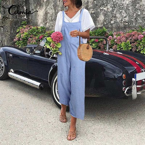 

jumpsuit celmia 2021 fashion wide leg rompers women casual loose sleeveless striped long jumpsuits vintage bib dungarees plus size 5xl, Black;white