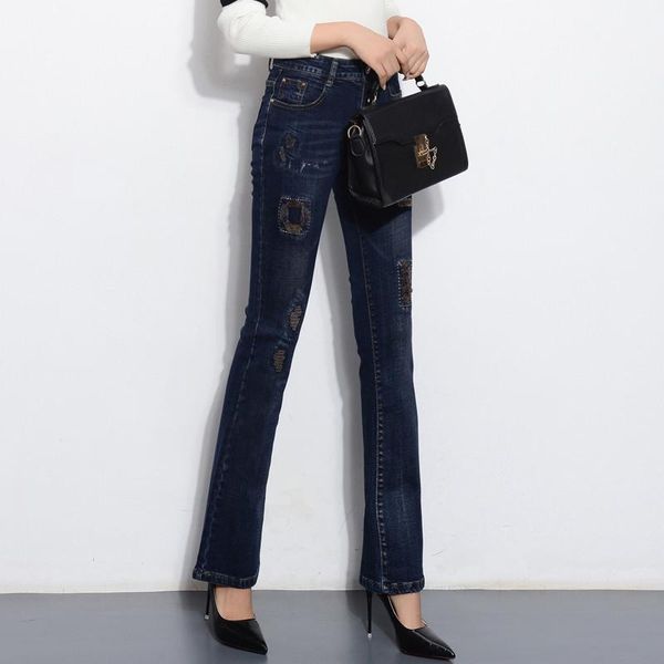 

women's jeans casual denim cotton blend fashion plus size flare pants women high waist spring autumn patchwork trousers female smf0803, Blue