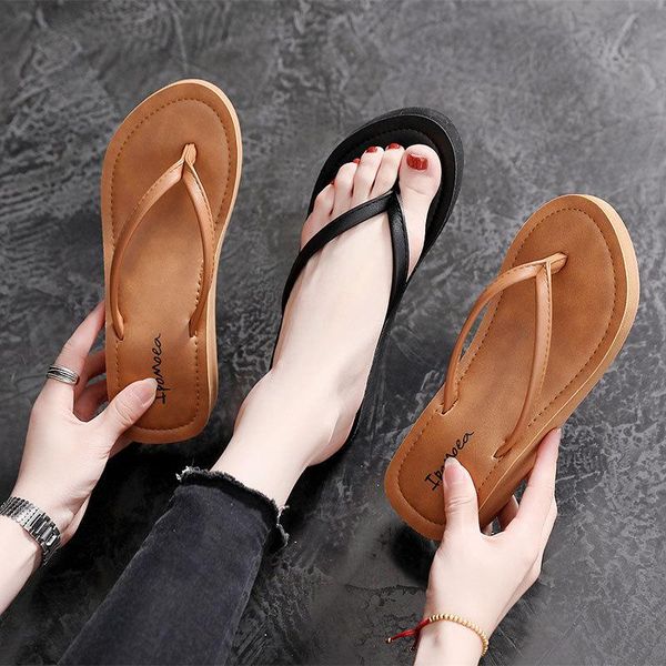 

slippers women sandals summer fashion high heel flip flops outdoor beach female anti-slip height increasing clip toe, Black