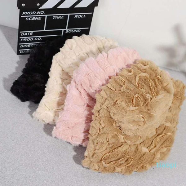

women sweet striped lace solid color bucket hat winter warm fluffy plush velvet wide brim elegant fisherman cap, Blue;gray