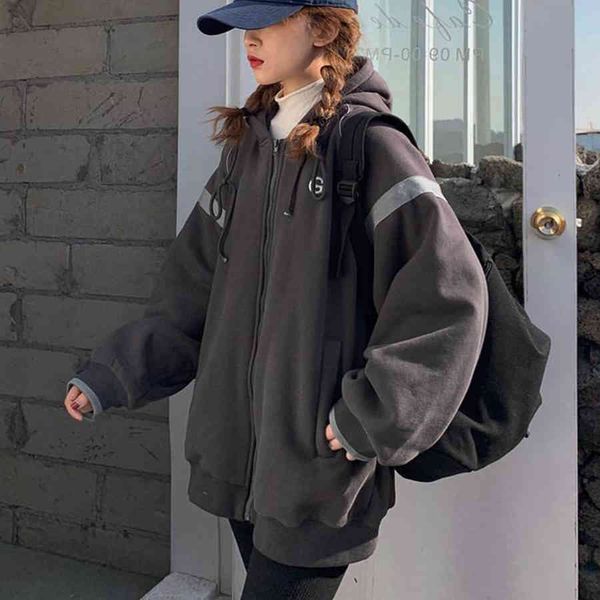 

women's hoodies & sweatshirts zip-up hoodie female plus veet sweater pockets oversized letter harajuku streetwear womens clothes in fa, Black