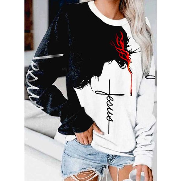 

t-shirt loose white round neck urban leisure pullover printed long sleeve bottomed women's