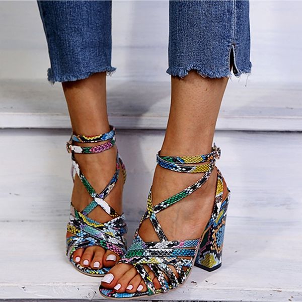 

women plus size sandals slippers high heels print snake skin club bandage strap chunky heel gladiator buckle beachwear comfortable evening p, Black