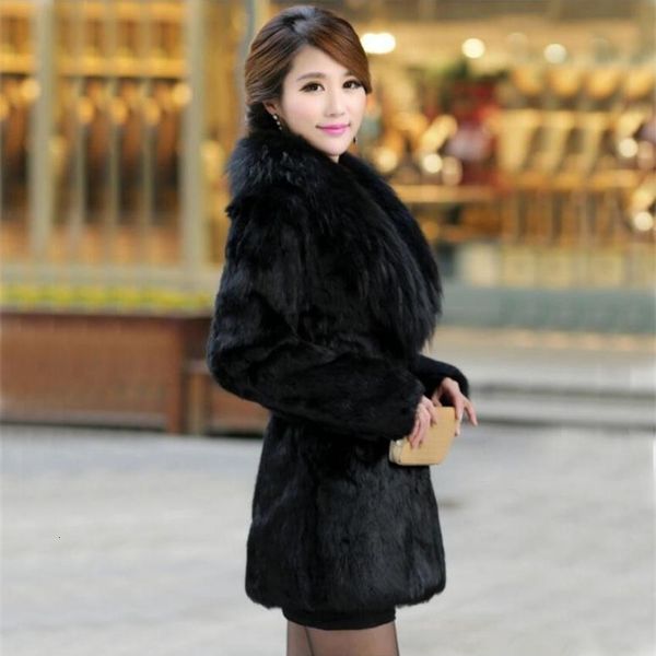 

women's wool & blends women black winter autumn fur collar fake outwears plus size female warm long section man-made jackets