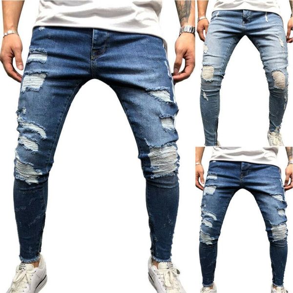 

men's jeans mens ripped denim trousers skinny distressed slim fit casual biker pants men clothing, Blue