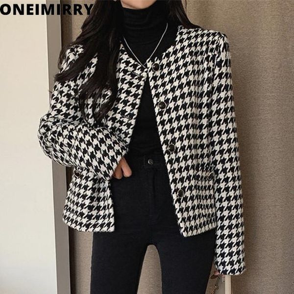 

women's jackets oneimirry vintage houndstooth jacket women cropped coat fall 2021 korean simple tweed coats female white outerwear clo, Black;brown