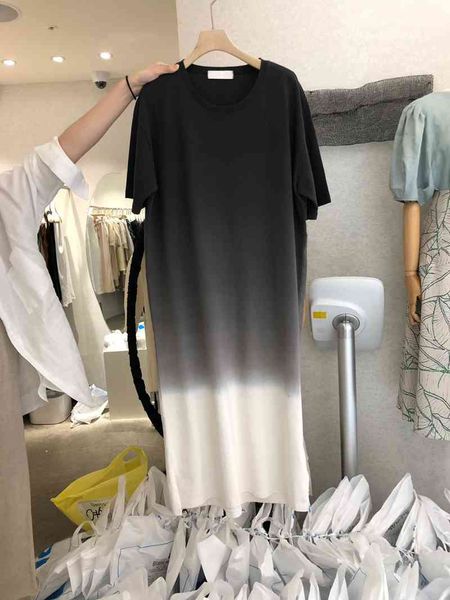 

dresses summer fashion casual cotton o neck short sleeve contrast color loose tshirt dress women mid calf vestido mujer 210429, Black;gray