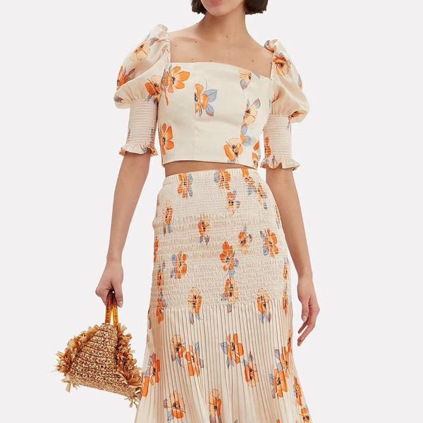 

two piece dress 2021 fashion spring floral print puff sleeve short blouse and long draped skirts 2 women sets holiday female, White