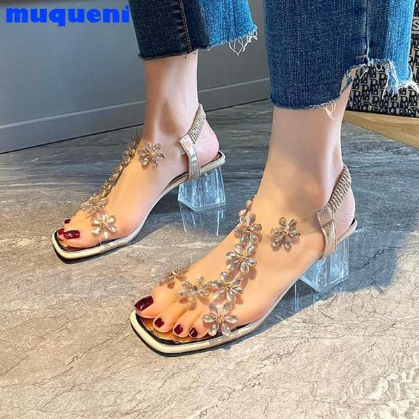 

sandals women's fashion flower crystal square heel open toe bohemia style vacation beach sandalias mujer, Black