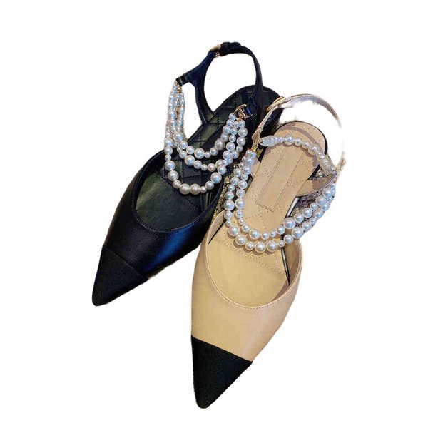 

women's formal shoes xiaoxiang pearl chain baotou sandals 2021 color matching pointed flat bottom french ladi sho leather high heels, Black
