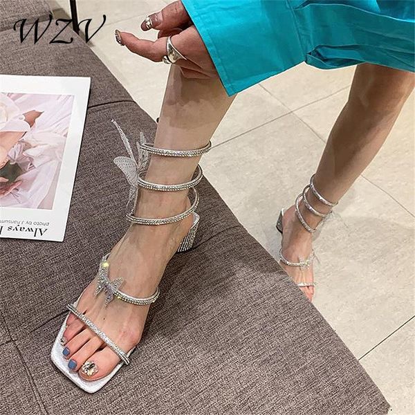 

women summer snakelike twine sandals chunky heels ankle straps open toe crystal s117, Black