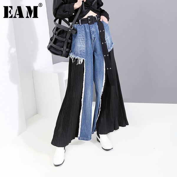 

[eam] high waist blue pleated split long wide leg denim trousers new loose fit pants women fashion spring autumn 1d669 210319, Black;white