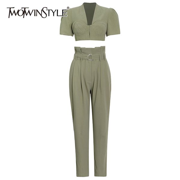 

loose two piece set for women v neck short sleeve high waist harem pants casual sets female fashion new 210428, White