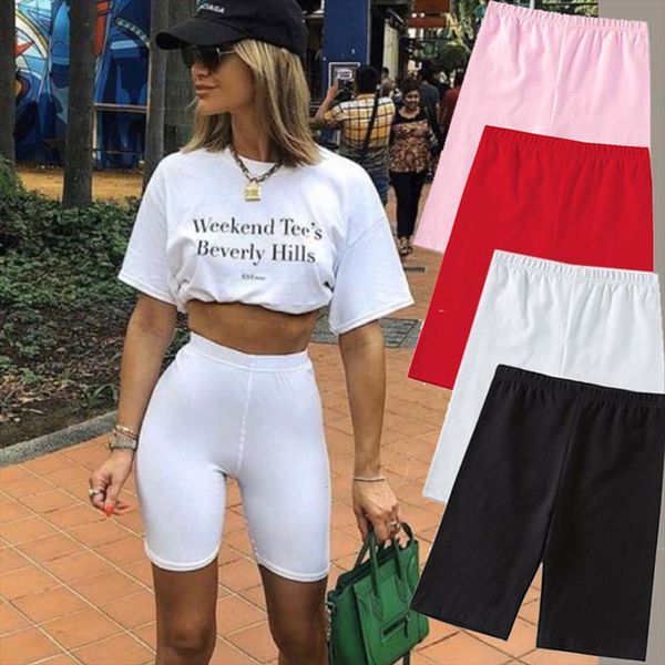 

summer fashion thin fitness casual womens shorts high waist biker slim knee length bottoms white cycling streetwear, White;black