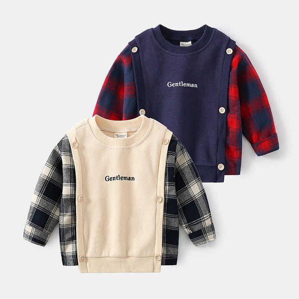 

children boys spring and autumn fake two-piece pullover casual fashion stitching sleeve round neck pullover sweater y1024, Blue