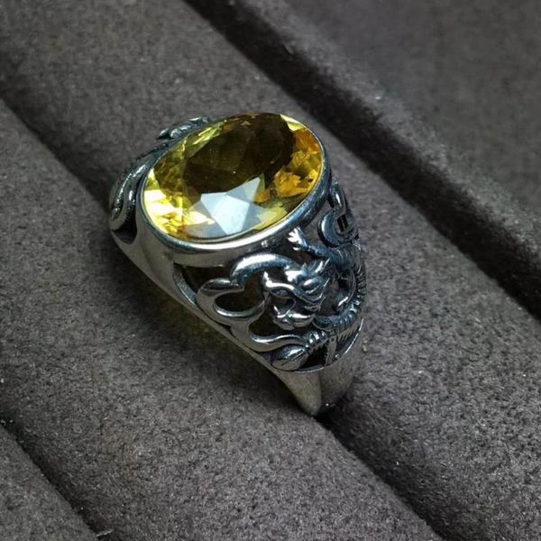 

cluster rings man ring natural and real yellow citrine stone solid 925 silver gemstone for wedding party, Golden;silver