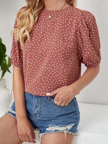 

polka dot puff sleeve keyhole back 194h#, White