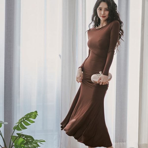 

Spring comfortable fashion formal arrival mermaid temperamental elastic lady long trumpet dress, Black;gray