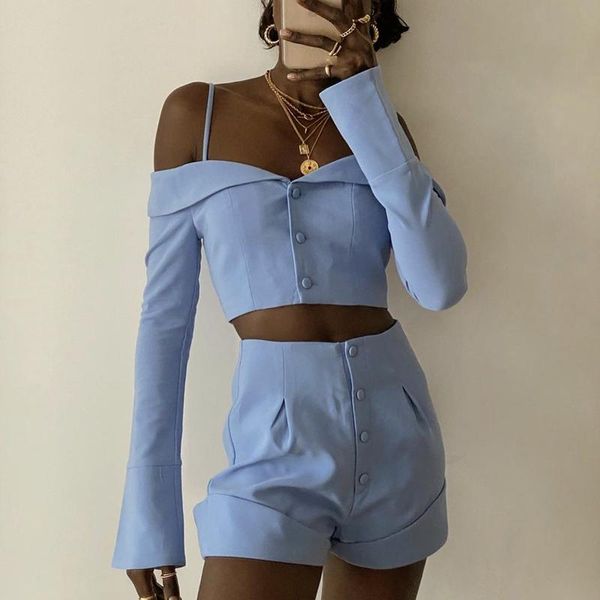 

women's shorts 2021 autumn style strapless long-sleeved one-line neck suspender + high-waist single-breasted two-piece suit female, White;black
