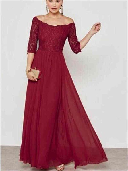 

casual dresses straight one shoulder lace stitching chiffon long 7836, Black;gray