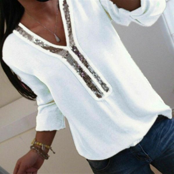 

women's blouses & shirts hirigin fashion women ladies long sleeve loose blouse summer v-neck casual clothing sequined soft clothes, White