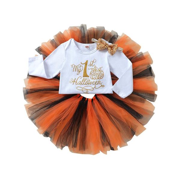 

clothing sets est 3pcs toddler halloween outfits, letter print o-neck long sleeves romper + tutu skirt headband for girls, 0-18months, White