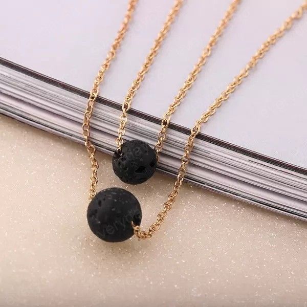 

multilayer black lava stone necklace lava rock bead essential oil diffuser necklace pendants chokers women fashion jewelry, Silver