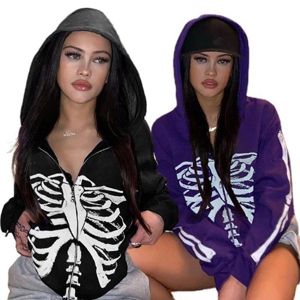 

women's jackets women punk long sleeve hoodies jacket skeleton print zip loose sweatshirt coat, Black;brown