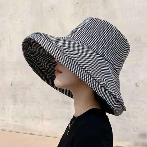

wide brim hats 2021 summer sun hat for women super large protection anti uv beach panama bucket ladies foldable travel plaid cap, Blue;gray