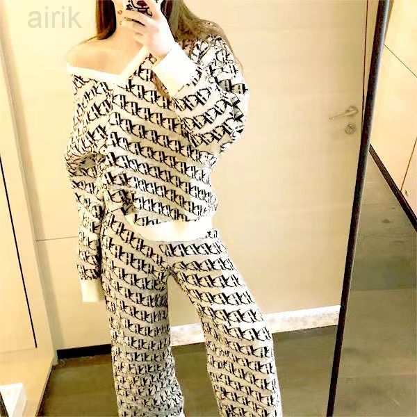 

fashion women casual 2 piece tracksuits v-neck knitted sweater drawstring wide-leg trousers, Gray