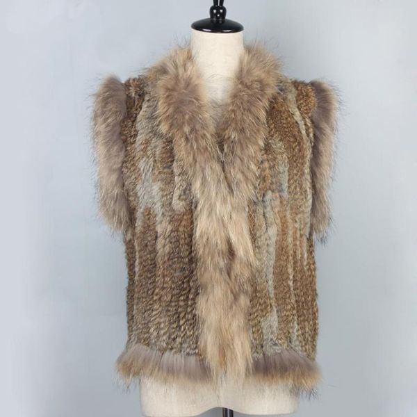 

women's fur & faux women genuine knitted vest patchwork with raccoon collar sleeveless slim vests jacket real gilet waistcoat, Black