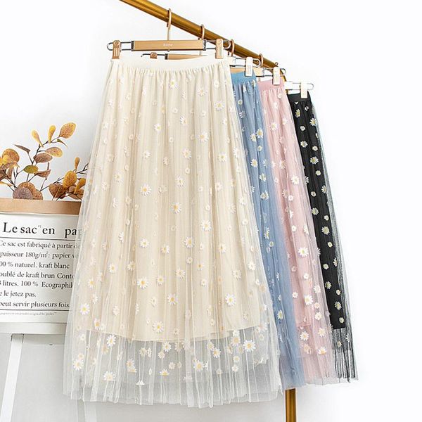 

skirts daisy printed mesh skirt summer sweet chiffon girls a-line women fashion lace long casual floral fairy, Black