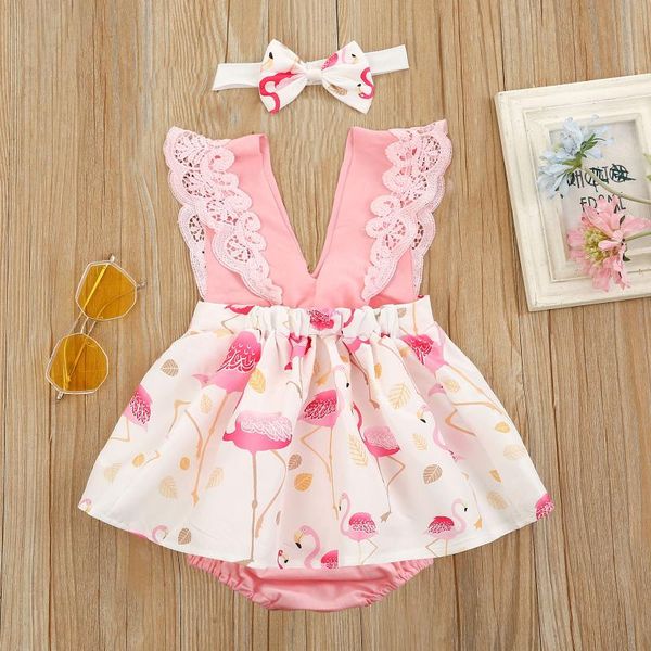 

girl's dresses breathable baby girls outfit suit sweet style infant creative flamingo printing lace splicing sleeve romper bow headwear, Red;yellow