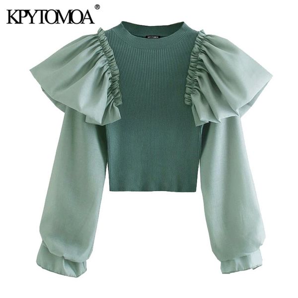 KPYTOMOA Moda Donna Ruffle Patchwork Maglione lavorato a maglia corto Vintage Manica lunga Stretch Pullover donna sottile Chic Top 210806