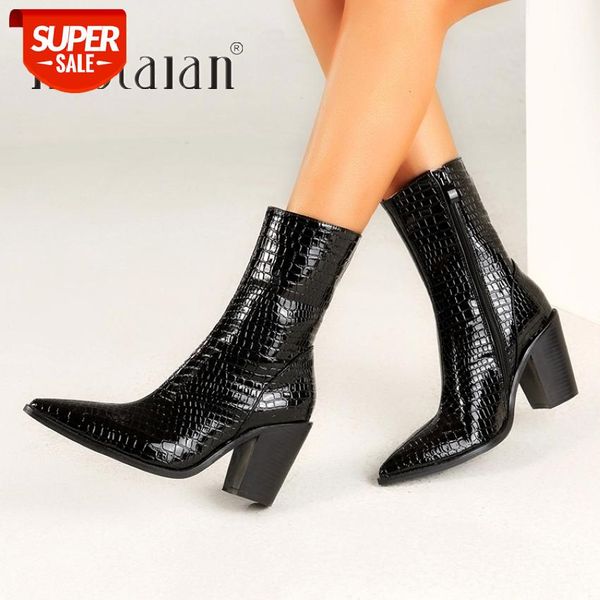 

thick high heels women ankle boots pointed toe zip footwear pu leather female boot shoes woman 2020 new black #ju04