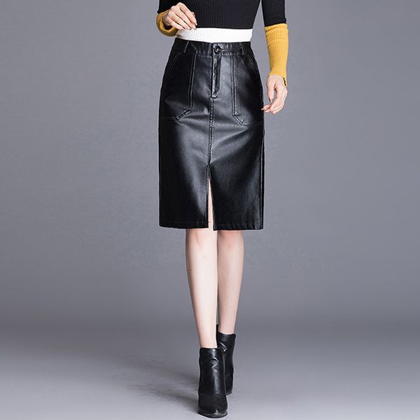 

skirt leather out of plutonium fake posh women's upper waistline lady from the office formal work front split female skirts plus size, Black