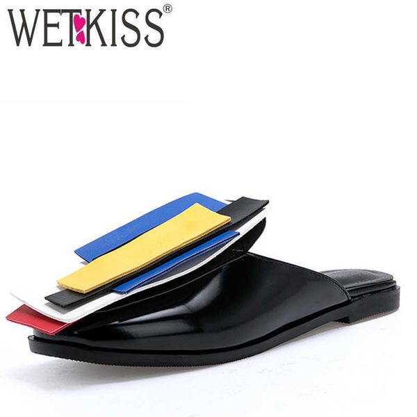 

wetkiss fashion casual slippers woman square toe footwear pu slides shoes female color buckle mules shoes woman summer 210630, Black