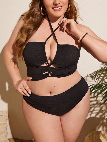 

plus plain rib criss cross high waisted bikini swimsuit e1am#, Black