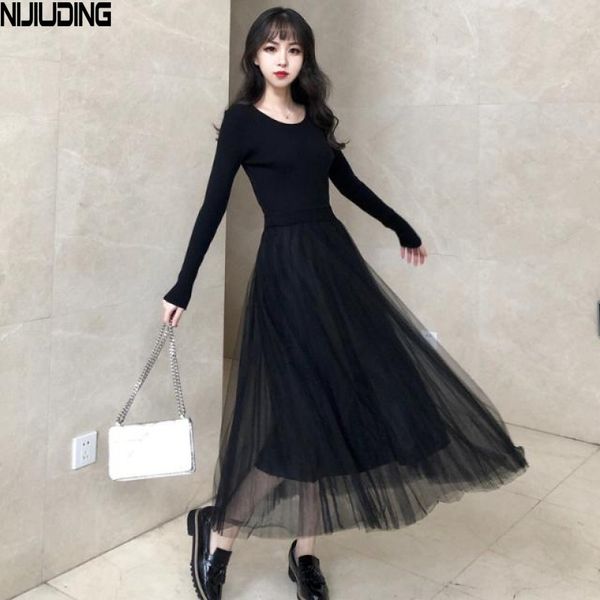 

autumn korean version of the slim slimming dress female long-sleeved knitted mesh stitching pleated puffy 210514, Black;gray
