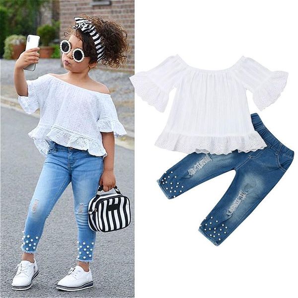 

clothing sets summer baby girl clothes outfit set white off shoulder shirt beading denim pants children 2pcs