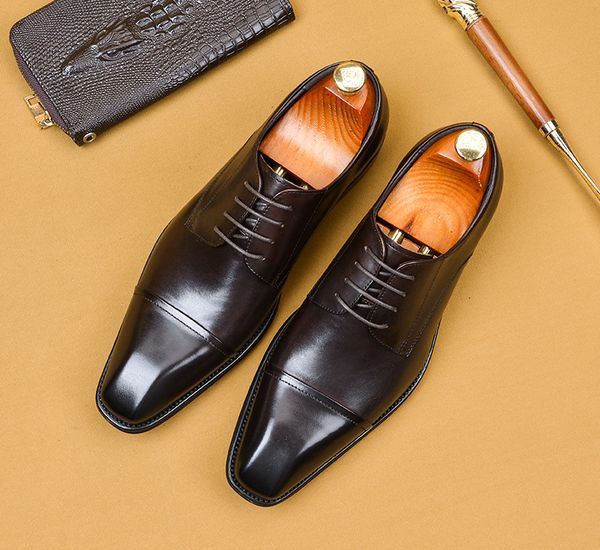 

Lace Up Men Dress Italian Genuine Leather Shoes Business Wedding Shoes Square Head Mens Formal Shoe Black Khaki Men Oxford Shoe