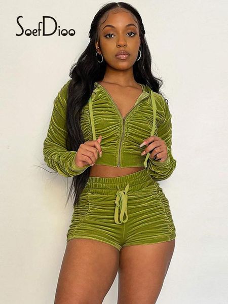 

women's tracksuits soefdioo green velvet 2 piece sets womens clothes pleated zip up cropped hoodie jackets shorts fall 2021 casual jogg, Gray