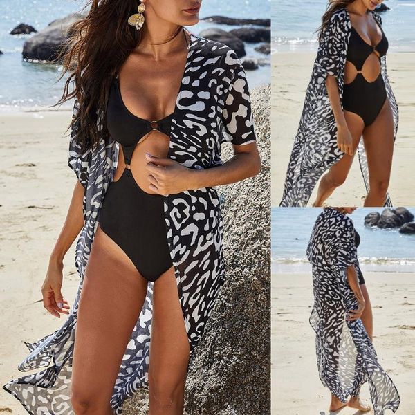 

chiffon beach dress robe de plage swimwear women cover ups tunic pareo up leopard saida praia beachwear women's, White;black