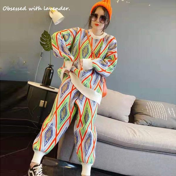 

knitted sweater padded fashion suit women's autumn and winter korean version of loose personality set two piece pants, White